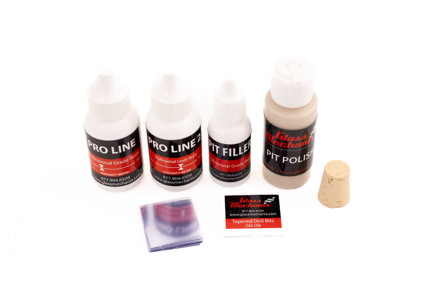 Glass Mechanix windshield repair restock pack with Pro Line resin, Pit Filler, Pit Polish, drill bits, curing tabs, and cork