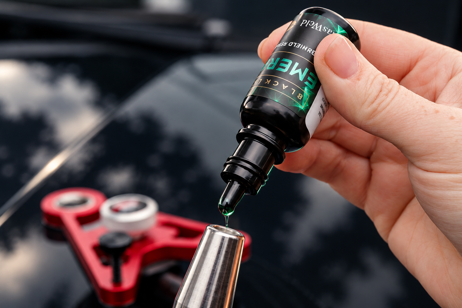 EMERALD Black Label resin being applied with Glass Mechanix repair equipment