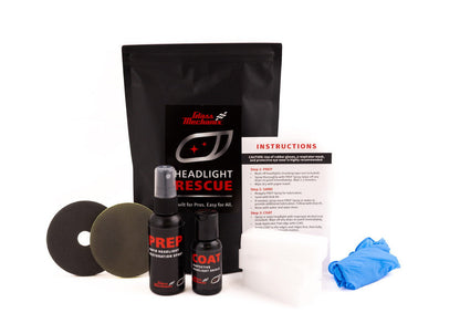 Glass Mechanix Headlight Rescue kit with product bag, bottles, sanding discs, instructions, and glove