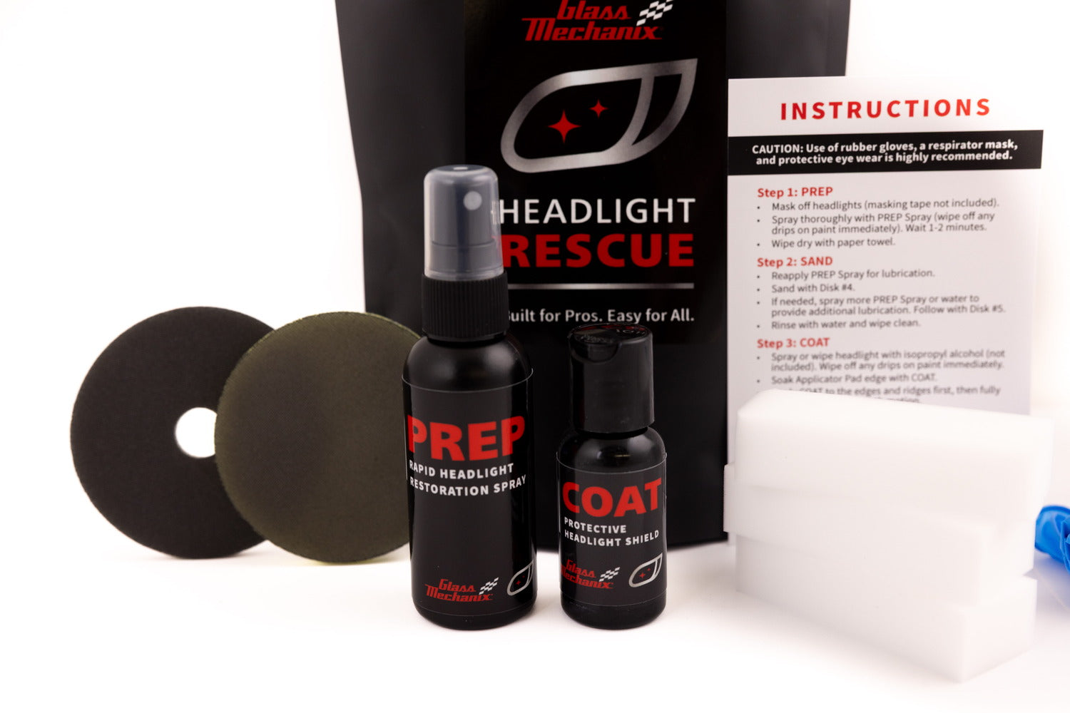 Glass Mechanix Headlight Rescue kit with Prep and Coat bottles, sanding discs, and instructions