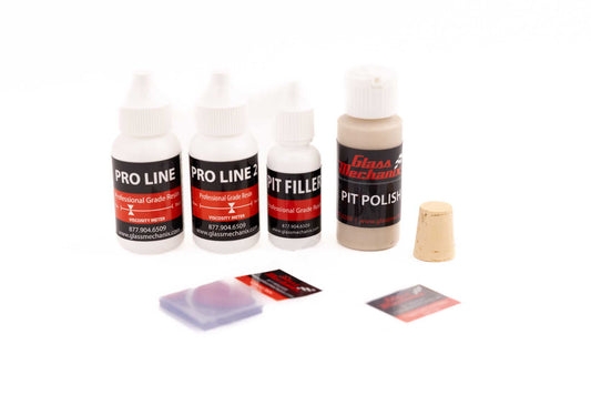 Glass Mechanix windshield repair restock pack with Pro Line resin, Pit Filler, Pit Polish, drill bits, curing tabs, and cork