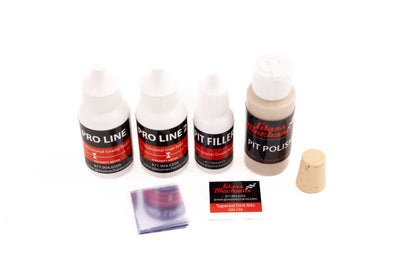 Glass Mechanix windshield repair restock pack with Pro Line resin, Pit Filler, Pit Polish, drill bits, curing tabs, and cork