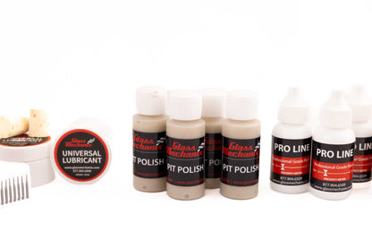 Glass Mechanix Enterprise Bulk Restock Pack close-up with lubricant, corks, Pit Polish, and Pro Line resin