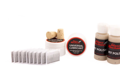 Glass Mechanix Enterprise Bulk Restock Pack supplies with drill bits, universal lubricant, corks, and Pit Polish bottles